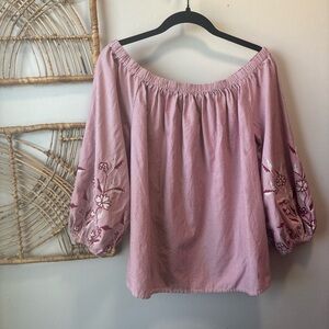 Vintage Boho | Embroidered Pink Off-Shoulder Top | Puff Sleeves | Size L